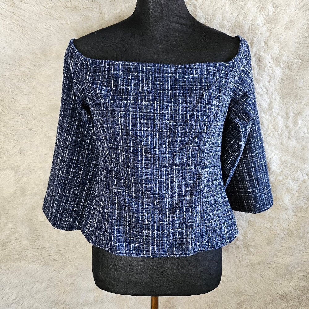 Zara Women's Blue Tweed Textured Off the Shoulder Top 3/4 Sleeve M